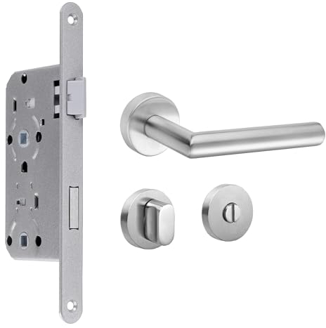 Einsteckschloss für Zimmertüren Dornmaß 55 mm Stulp 20 mm, silber (DIN-Rechts, WC inkl. Rosettengarnitur)