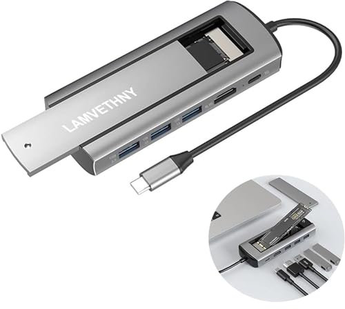 Hub USB-C (6-in-1) con display 4K HD, custodia SSD (solo per SSD con interfaccia SATA) Porta USB 3.0 e porta PD da 100 W Adattatore multi-porta USB C per laptop e altri dispositivi di tipo C