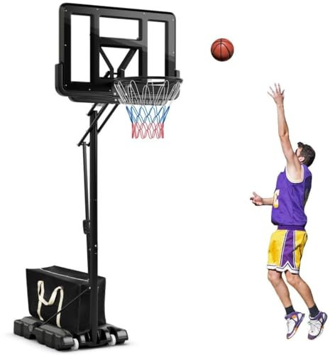 SPOTRAVEL Height Adjustable Basketball Hoop Stand, Portable Basketball Stand with 44 Backboard, Wheels & Stable Base, Professional Basketball Hoop Net System for Kids Junior Adults, 245cm-305cm