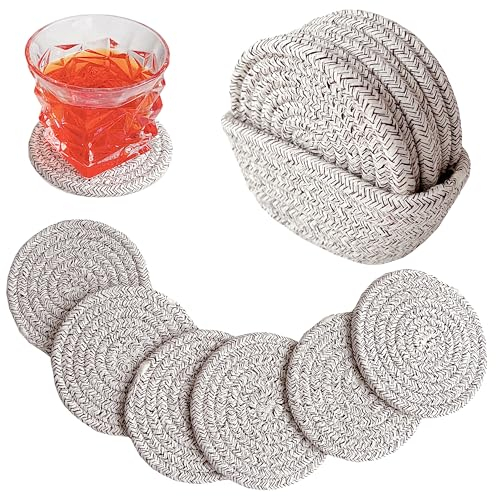 Valdivia Boho Untersetzer Gläser mit Ablagekorb, Handgefertigte Baumwolle Saugfähige Getränkeuntersetzer für Esstisch, Bars, Küche, Büro, Cafés, Minimalistische Wohnung Deko und Neues Haus Geschenk