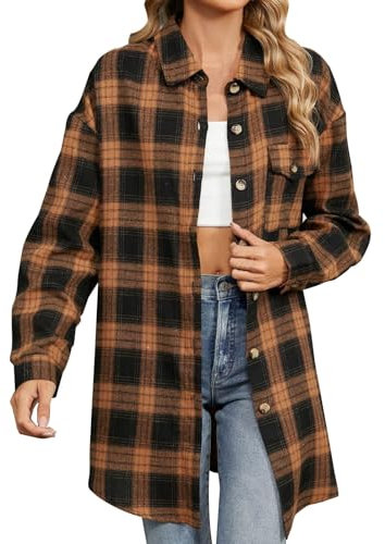 Chemise à carreaux en flanelle boutonnée à manches longues pour femme – Veste ample à carreaux surdimensionnée avec poches – Cardigan en polaire à revers – Vestes baggy décontractées pour petit ami –