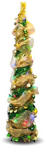 Árbol de Navidad desplegable de 5 pies con cinta de malla metálica de 10 x 1.6 pies, 50 luces LED multicolor, 10 bolas decorativas para bricolaje, ideal para decoración de Navidad en interiores y