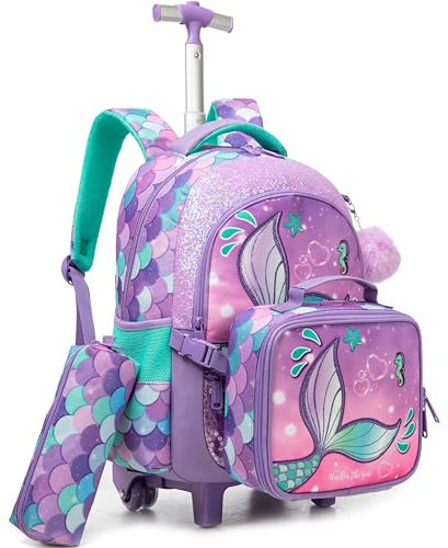 Meetbelify Rollrucksack für Mädchen, Schulrucksack mit Lunchbox für Grundschüler, Rollwagen, Gepäck, Meerjungfrau 01, Modern