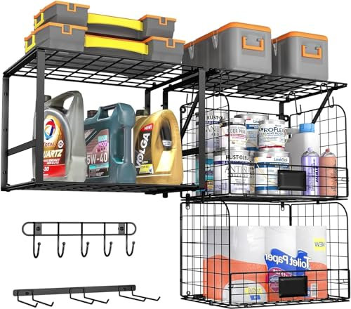 Qustikuri 3 Pack Garage Regale Heavy Duty Garage Lagerung mit Drahtkörbe Waschküche Regale Wandregale mit Haken Werkzeug Veranstalter für Schuppen Garten Küche Organisation und Lagerung