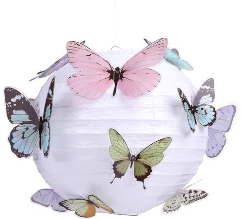 LIHAO 25cm Papier Lampion Lampenschirm mit Schmetterling Rund Laterne Classic Bamboo Style Gerippter Lampenschirm Deko für Party Garten Hochzeit Dekoration (Weiß)