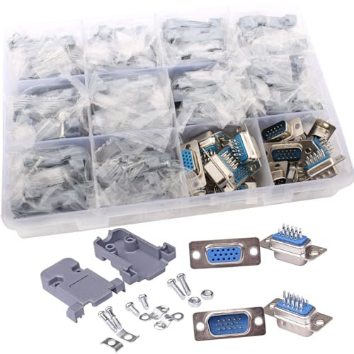 VISSQH 20 Pcs Conector VGA,Conector Soldadura de DB15 VGA Conector de Serie RS232 D-Sub Conector 15 Pines D-Sub,Conectores de Placa ruptura Macho Hembra VGA-con Carcasa