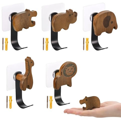 Kssvzz 5 Stück Kleiderhaken Kinder in Tierform, Garderobenhaken aus Holz, Kindergarderobe Selbstklebend oder Bohrmontage, Wandhaken, Löwe, Elefant, Nilpferd, Giraffe, Nashorn Deko