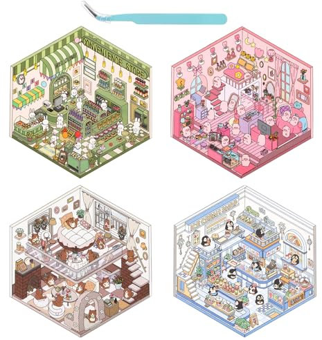 Yuanchu 4 Sets DIY 3D Stickers Scene,Hausau fkleber Set 3D Landscaping Stickers mit Pinzette Cartoon Miniatur Szenen Aufkleber Fun Stacking Scene House Sticker Therapy für Kinder Erwachsene Stressabba