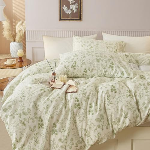 Freyamy Grün Blumen Bettwäsche 135x200,Grün Floral Weiß Bettwäsche-Sets 2tlg,Botanisch Aesthetic Weich Wende Bettwäsche Gewaschene Mikrofaser Bettbezug mit Reißverschluss und 1 Kissenbezüge 80x80cm