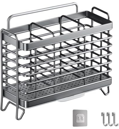 Jadin Escurridor Cubiertos, Soporte Utensilios Cocina, Cesta para Cubiertos de Acero Inoxidable, 3 Compartimentos, Sin Necesidad de Taladrar, de Pared, Extraíble, con Bandeja Recogegotas (Gris)
