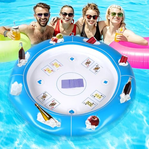 Lyreh Set de Mesa Flotante Piscina, Incluye 1uds Bandeja Juego Flotante Inflable Piscina 100cm con 8 Soportes para Bebidas Alimentos y 1uds Baraja de Naipes Impermeables(Azul)