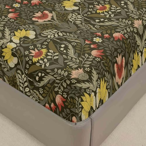 Surwin Spannbettlaken 140x200cm, Elegant Blumen Elastisch Bettlaken, Weiche Spannbetttuch Mikrofaser Spannleintuch, 30cm Steghöhe, Vintage Grün Motiv