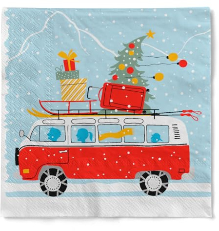 Mank Tissue Serviette Winter Holidays, 24 x 24 cm, 150 Stück – Hochwertige 3-lagige Einwegservietten Weihnachten, festliche Tischdeko mit rotem und gelbem Auto, Schlitten und Geschenke-Motiv