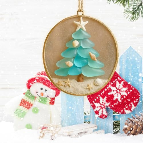 3D Sea Glass Christmas Tree Ornaments, Coastal Christmas Tree Ornament with Starfish Topper and Seashell Accents, Beach Themed Hanging Glass Decoration for Holiday Party Home Decor
