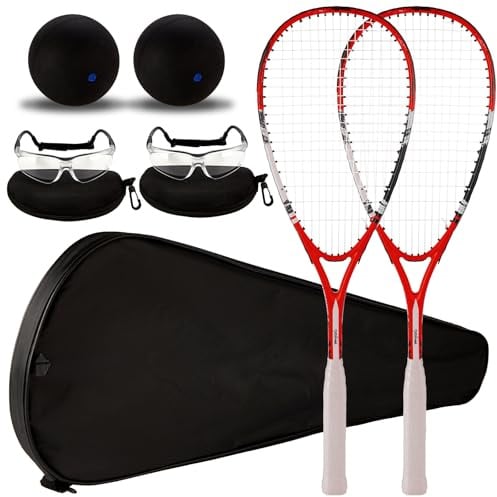 Conderyang 2 Pack Beginner Squash Racquet Set Includes Racquets with Racket Bags Anti Fog Goggles Cases Blue Dot Ball Indoor Gym Sports for Beginners Novice Training Recreational Play (Red)