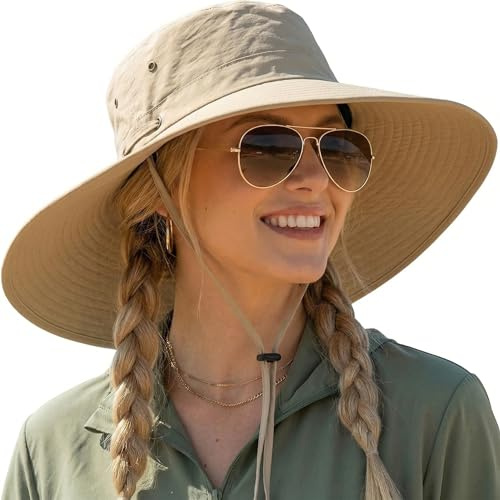 Zidoley Sombrero de sol para mujer con protección UPF 50+, borde de 12 cm de ancho, sombrero de verano plegable con protector de barbilla, 2 formas de llevarlo, sombrero de pesca/sombrero de vaquero