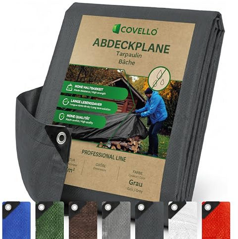 Covello Abdeckplane 4x4m, 180g/m² Plane Wasserdicht Gewebeplane Grau | Plane mit Ösen, Schutzplane, Reißfeste und UV-stabilisiert, Universal Tarpaulin Ideal für Gartenmöbel, Pool, Auto, Holz, Boot