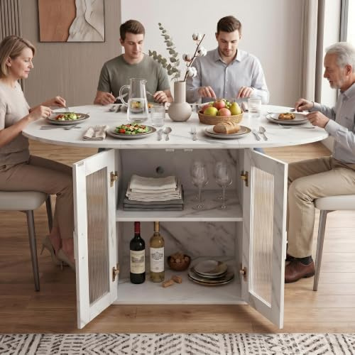 Mesa de comedor redonda extensible 77 x 100 x 100 cm | Mesa de comedor telescópica para 4-6, mesa de cocina multifuncional con frigorífico, estante para comedor y cocina.