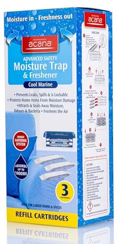 Acana Advanced Safety Moisture Trap & Freshener System Pack of 3 Refills - Dehumidifier for Damp & Mould | Moisture Absorber for your Home, Caravan, Kitchen, Bathroom, Bedroom, Garage, Office