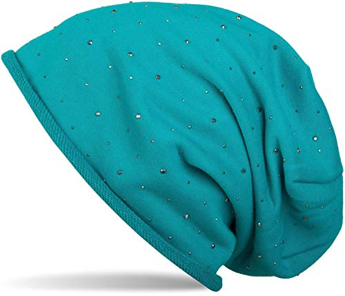styleBREAKER Damen Beanie Mütze mit Strass-Nieten Applikation und Rollrand, warm 04024024, Farbe:Türkis-Blau