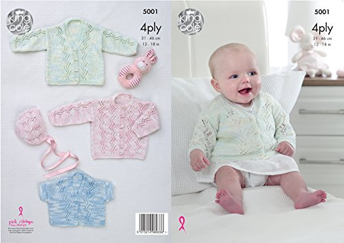 King Cole 5001 Knitting Pattern Baby Cardigans and Bonnet in Giza Cotton Sorbet 4 Ply