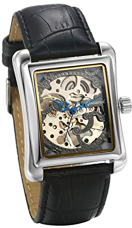 JewelryWe Herrenuhr Analog Automatik Uhr Automatische Mechanische Leder Band Rechteck Skelett Armbanduhr Automatikuhr, Silber