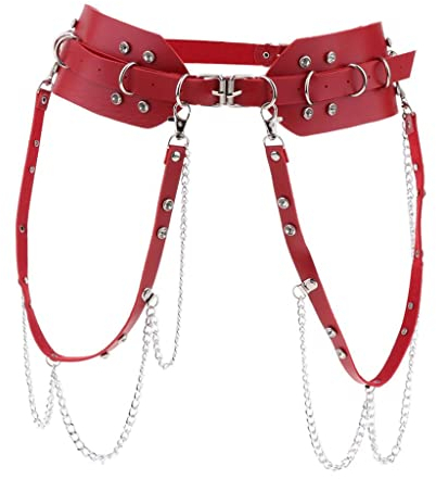 Hellery Damen Punk Taillengürtel Nietengürtel mit Kette, Verstellbarer Breiter Bund - rot, Taille 95–125 cm