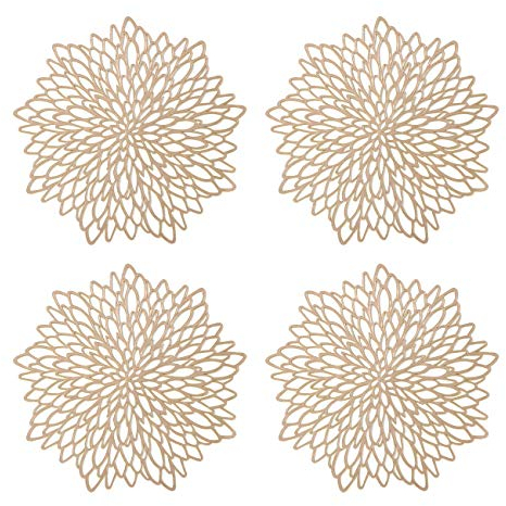 GLOBALDREAM Ausgehöhlte runde Tischsets, 4 Stück Goldene metallische runde Tischsets Laminierter Vinylblatt-Esstisch Dekorativer Rutschfester Tisch Tischset PVC-Kunststoffuntersetzer Isolationspads