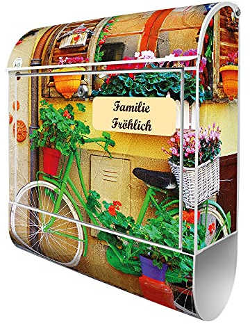 banjado® Design Briefkasten personalisiert mit Grünes Fahrrad 38,5x46,5x13cm & 2 Schlüssel - Briefkasten Stahl weiß mit Zeitungsfach pulverbeschichtet - Postkasten A4 Einwurf inkl. Montagematerial
