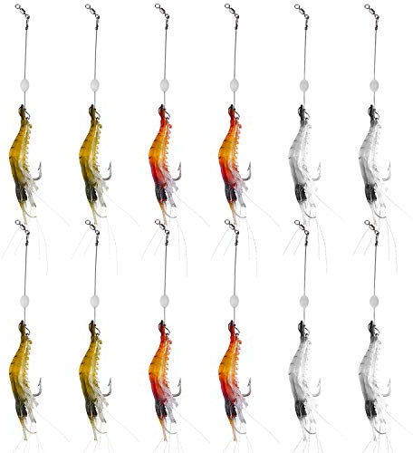 WANBY Artificial Silicone Soft Bait Set Luminous Swimbait Shrimp Fishing Lure with Hooks Fishing Tackle Freshwater/Saltwater (12PCS)