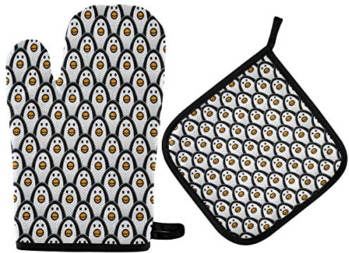HMZXZ RXYY Tier Pinguine Muster Ofenhandschuhe Gesteppt Baumwolle Beschichtung Topflappen BBQ Handschuhe-Ofenhandschuhe Hitzebeständig Küche Sicher Matten für Backen Kochen