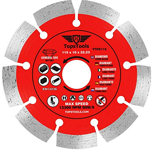 1 x TopsTools TTDS115 115mm (4.5 inch) x 10mm x 22.23mm Bore Segmented Diamond Angle Grinder Circular Saw Blade