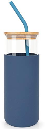 Tumbler with Straw and Lid, Glass Water Bottle with Silicone Cover with Bamboo Lid, BPA Free - 450 ml - Blue