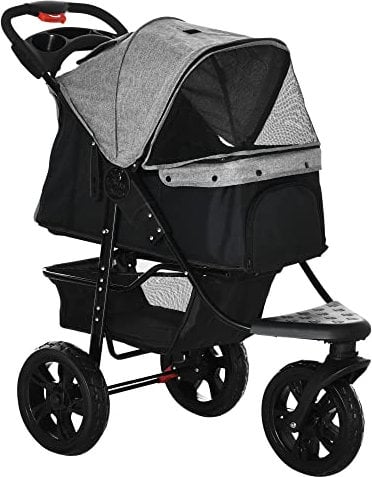 PawHut Dog Stroller Foldable Pet Pram, 3 Wheels Dog Pushchair with Brake, for Small Miniature Breeds, Cats, Grey
