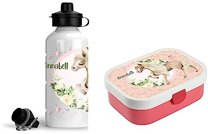wolga-kreativ Personalisiertes Set Mepal Campus Kinder Lunchdose und Kinderflasche Pferd für Mädchen Lunchbox mit Fächern und Unterteilung als Geschenk Schule und Kindergarten