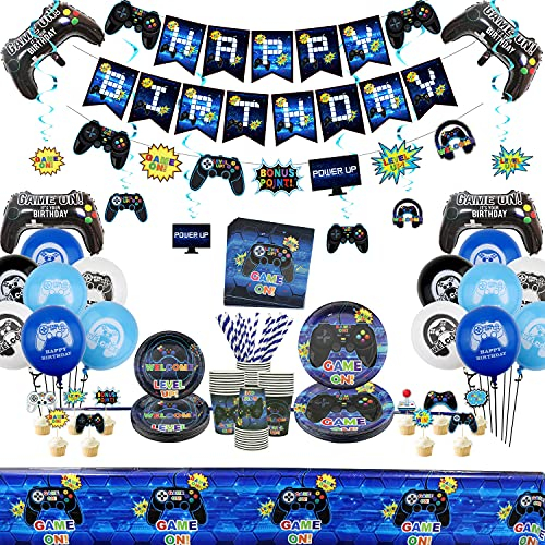 Suministros para fiestas de videojuegos – Decoración temática para fiestas de cumpleaños para niños y jugadores, incluye platos, tazas, servilletas, mantel, remolinos colgantes, pancartas y globos
