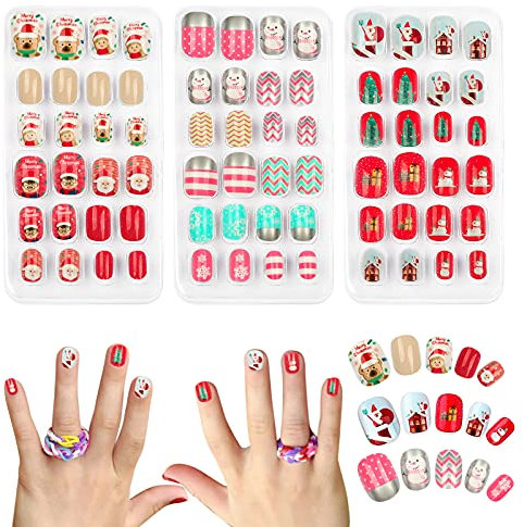 Weihnachten Nägel zum Aufkleben Kinder, Aufdrücken Künstliche Fingernägel, Kinder Volle Abdeckung Kurze Falsche Fingernägel Nagelspitzen Für Mädchen DIY Nail Art Dekoration (Stil 3)