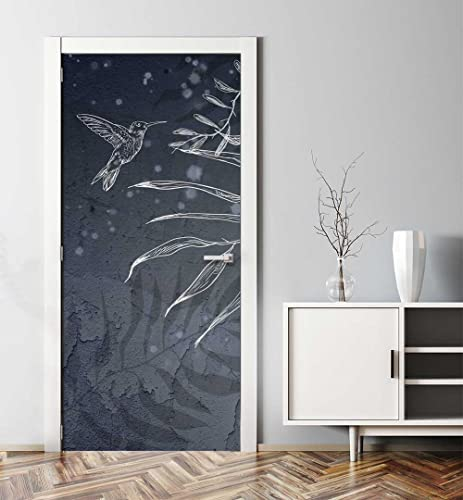 MyMaxxi - Tür bekleben mit Türtapete Türposter Türfolie Selbstklebend 90x200 Kolibri am AST - Tür verschönern Türaufkleber Türklebefolie Zeichnung Flug fliegen schwarz Weiss
