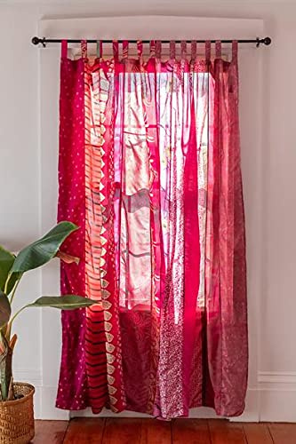 KRAAFTY Indische Sari-Vorhänge aus alter Seidenmischung, einzigartige Patchwork-Fenstervorhänge für Wohnzimmer und Schlafzimmer, lichtfilternde Heimdekoration, 213,4 cm Länge, Rosa