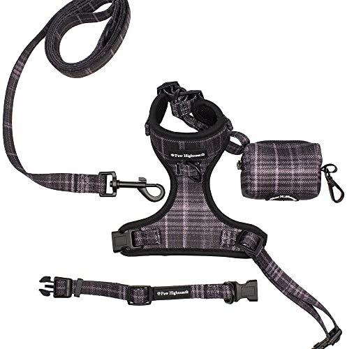 Paw Highness Dog Walking Harness, Collar, Leash & Poo Bag Holder Set in Black Tartan Small