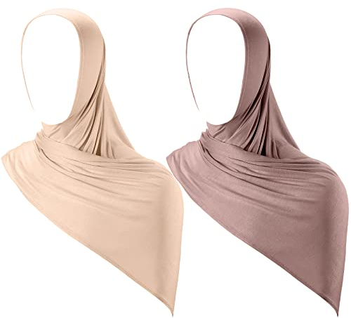 2 Stück Instant Hijab Jersey Hijab für Frauen Muslimischer Kopftuch Leicht Lang Weich Hijab Schal Stretch Einfarbig Schal Wrap, Beige, Khaki.