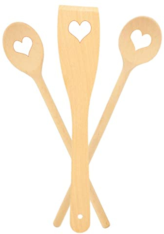 teemando® 3-teiliges Koch-Set mit Herz, 30cm, Buchenholz, 2X Kochlöffel und 1 X Pfannenwender