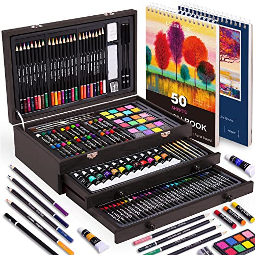 175-teiliges Deluxe-Kunst-Set mit 2 Zeichenblöcken, Acrylfarben, Buntstiften, Malset in Holzkoffer, professionelles Kunstset, Kunstbedarf für Erwachsene, Jugendliche und Künstler, Malzubehör