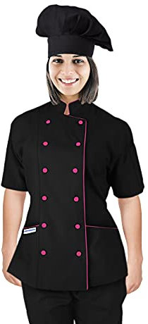 Uniformates Kurzarm Kochmantel Jacke Uniform mit Kochmütze für Damen für Gastronomie, Bäcker und Kochprofis (Schwarz/Rosa Paspel, M)
