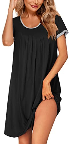 Ekouaer Nachthemd Damen Schlafshirt Kurzarm mit Vorderfalten S-4XL | Rundhals, knielang, große Größen, Rayon-Mix, weich, atmungsaktiv, hautfreundlich, Nachtwäsche