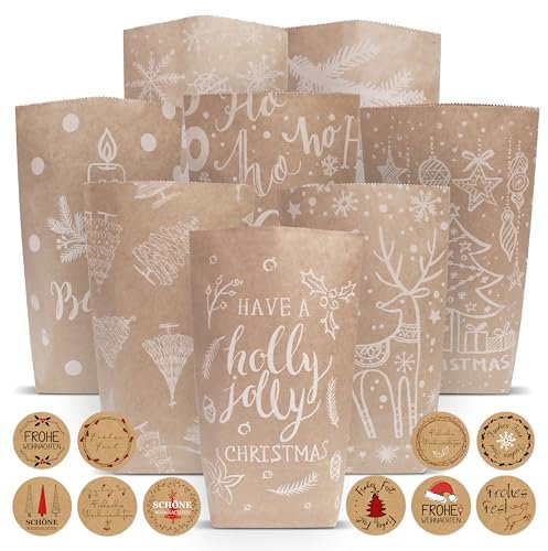 BIROYAL Papiertüten, 24 Stk. Geschenktüten mit 100 Weihnachtsaufkleber & Klammer, Kraftpapiertüten Verpackung Papierbeutel Obstbeutel Butterbrottüten Geburtstag Hochzeit Party Tüten Geschenktaschen