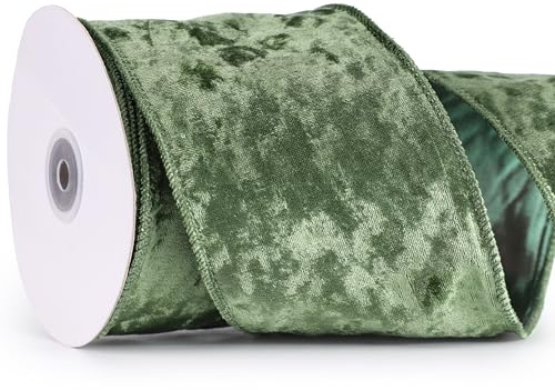 MAYREEL 4 Inch Sage Green Crushed Velvet Ribbon Wired Extra Wide for Christmas Decorations Gift Wrapping Wreaths Tree Toppers 10 Yards