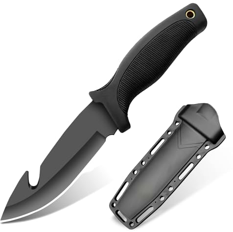 TIMKOSS Outdoor-Messer mit Kydex Holster - Perfektes Werkzeug für Survival, Bushcraft und Camping (Schwarz F6)