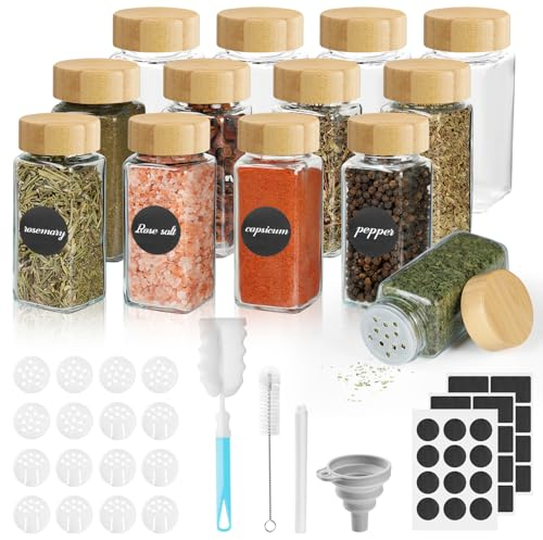 FRIBERG Tarro cuadrado tarros especias cristal, 12 x 120 ml tarro para spice jars con tapa de madera de bambú, botes para especias cocina con pincel, etiqueta, bolígrafo, embudo, tamiz