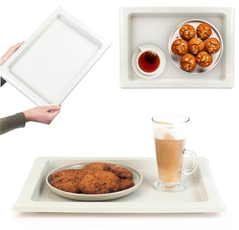 KADAX Vassoio rettangolare in plastica per cucina, vassoio da cucina antiscivolo, vassoio da portata, vassoio da caffè con manici, vassoio da colazione, vassoio da caffè (bianco)